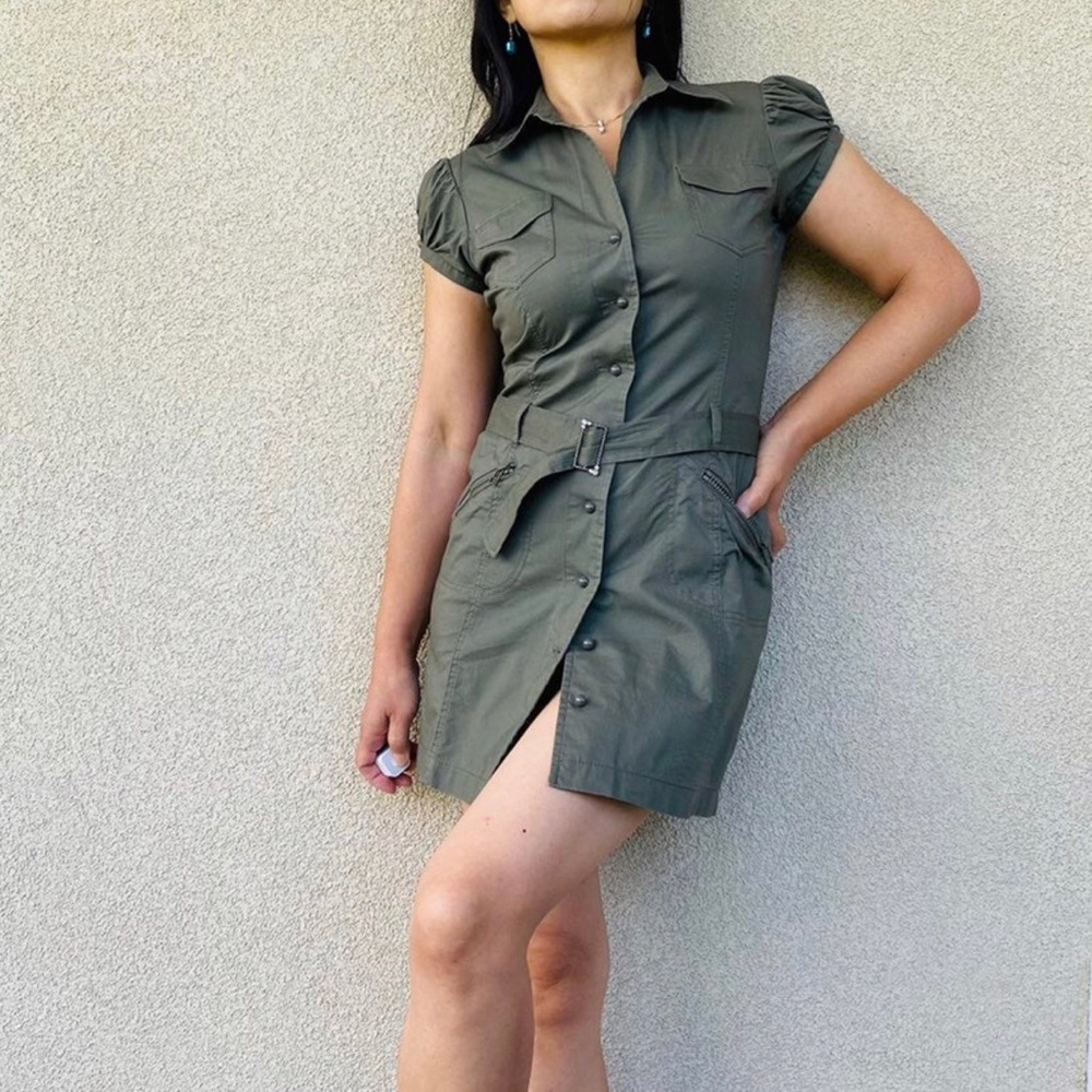 Ramona Flowers Y2K Hot Kiss Army Green Button Down Mini Dress